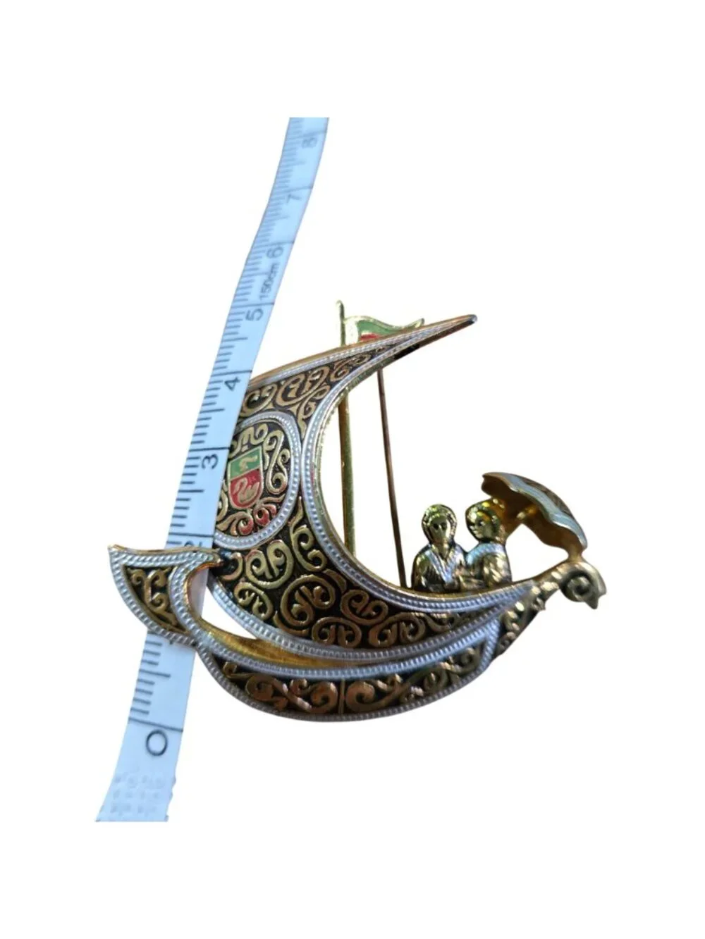 Vintage Damascene Spanish Sailboat Brooch Romantic Couple Beneath Parasol